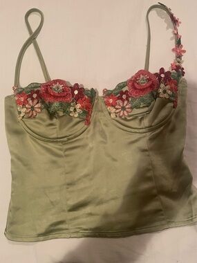 Princess Polly Sage Green Satin Floral Embroidered Bustier Top